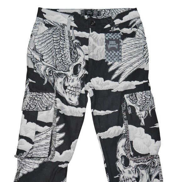 Rebel Vengeance Winged Skull Tapestry Cargo Pants Size 34x32 Goth Streetwear - Picture 4 of 13